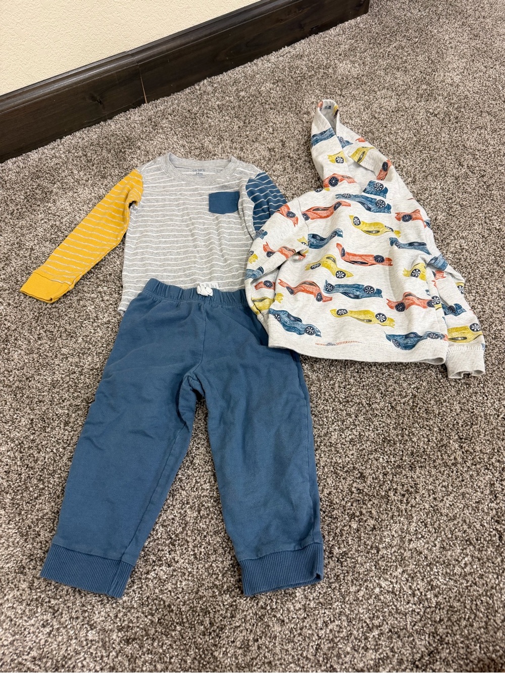 Carter's Blue and Yellow Three-Piece Toddler Set with Car Hoodie